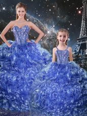 Super Blue Ball Gowns Sweetheart Sleeveless Organza Floor Length Lace Up Beading and Ruffles Quinceanera Dress