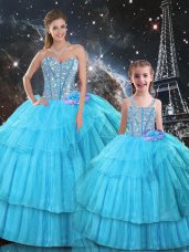 Aqua Blue Sleeveless Organza and Tulle Lace Up 15th Birthday Dress for Military Ball and Sweet 16 and Quinceanera
