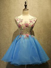 Glorious Baby Blue A-line Embroidery Prom Evening Gown Lace Up Organza Sleeveless Mini Length