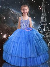Beading and Ruffled Layers Little Girls Pageant Dress Wholesale Light Blue Lace Up Sleeveless Floor Length