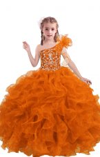 Super Organza One Shoulder Sleeveless Lace Up Beading and Ruffles Little Girls Pageant Gowns in Orange Red