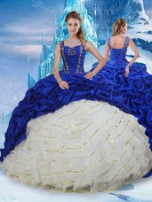 Ruffled Layers and Pick Ups Quinceanera Dresses Blue And White Lace Up Sleeveless Brush Train