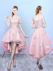 Baby Pink Short Sleeves High Low Lace Lace Up Quinceanera Dama Dress