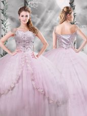 Elegant Beading and Appliques Quinceanera Gown Lilac Side Zipper Cap Sleeves Brush Train