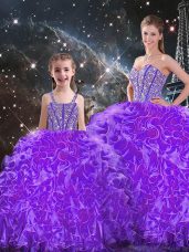 Traditional Floor Length Lace Up Quinceanera Gowns Eggplant Purple for Military Ball and Sweet 16 and Quinceanera with Beading and Ruffles