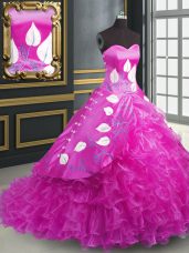 Discount Fuchsia Ball Gowns Organza Sweetheart Sleeveless Embroidery and Ruffles Lace Up Quinceanera Gowns Brush Train