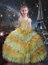 Sleeveless Floor Length Beading and Ruffled Layers Lace Up Child Pageant Dress with Champagne