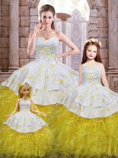 Floor Length Ball Gowns Sleeveless Yellow And White Quinceanera Gowns Lace Up