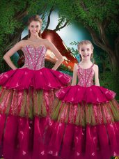 Noble Fuchsia Ball Gowns Organza Sweetheart Sleeveless Beading and Ruffled Layers Floor Length Lace Up Vestidos de Quinceanera