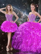 Custom Fit Organza Sweetheart Sleeveless Lace Up Beading and Ruffles Quince Ball Gowns in Fuchsia
