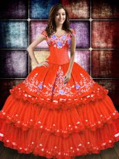 Embroidery and Ruffled Layers Ball Gown Prom Dress Orange Red Lace Up Sleeveless Floor Length