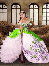 Spectacular Multi-color Lace Up Off The Shoulder Embroidery and Ruffled Layers Sweet 16 Dress Taffeta Sleeveless