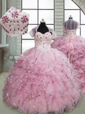 Baby Pink Ball Gowns Spaghetti Straps Sleeveless Organza Brush Train Lace Up Beading and Ruffles Kids Formal Wear