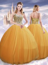 Suitable Gold Quinceanera Gown Military Ball and Sweet 16 with Beading Spaghetti Straps Sleeveless Lace Up