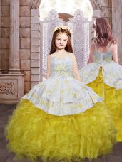 Excellent Gold Sleeveless Brush Train Embroidery and Ruffles Little Girl Pageant Gowns