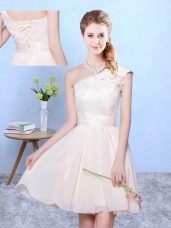 Attractive Knee Length Champagne Court Dresses for Sweet 16 One Shoulder Cap Sleeves Lace Up