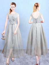 Hot Selling Grey Scoop Lace Up Appliques Bridesmaid Gown Sleeveless