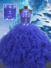 Floor Length Blue Ball Gown Prom Dress Organza Sleeveless Beading and Ruffles