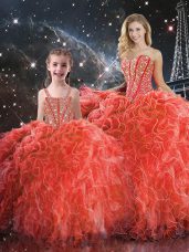 Elegant Coral Red Ball Gowns Beading and Ruffles Vestidos de Quinceanera Lace Up Organza Sleeveless Floor Length
