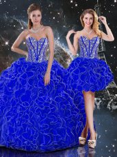 Fine Royal Blue Organza Lace Up 15th Birthday Dress Sleeveless Floor Length Beading and Ruffles