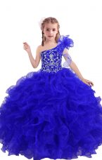 Royal Blue One Shoulder Lace Up Beading and Ruffles Little Girls Pageant Dress Sleeveless