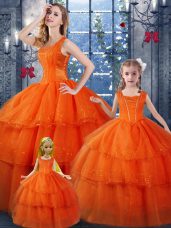 Orange Red Organza Lace Up Quinceanera Dresses Sleeveless Floor Length Ruffled Layers