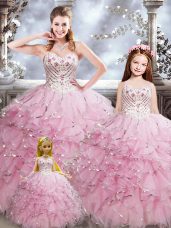 Baby Pink Organza Lace Up Quince Ball Gowns Sleeveless Floor Length Beading and Ruffles