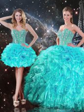 Customized Aqua Blue Sweetheart Neckline Beading and Ruffles Quinceanera Gowns Sleeveless Lace Up