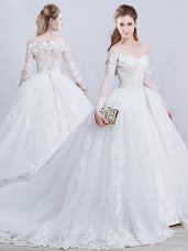 Unique Long Sleeves Lace and Appliques Zipper Wedding Dress with White Brush Train