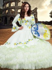 Latest White Square Lace Up Embroidery and Ruffled Layers 15th Birthday Dress Long Sleeves