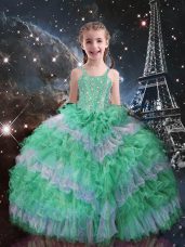 High Class Apple Green Ball Gowns Organza Straps Sleeveless Beading and Ruffled Layers Floor Length Lace Up Kids Pageant Dress