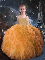 Hot Sale Orange Red Organza Lace Up Kids Formal Wear Sleeveless Floor Length Beading and Ruffles
