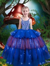 Floor Length Lace Up Kids Formal Wear Blue for Quinceanera and Wedding Party with Beading and Ruffled Layers