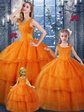 Luxurious Orange Organza Lace Up Straps Sleeveless Floor Length Quinceanera Dress Ruffled Layers