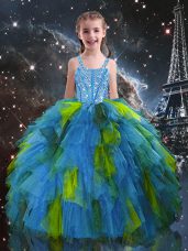 Baby Blue Ball Gowns Straps Sleeveless Tulle Floor Length Lace Up Beading and Ruffles Little Girls Pageant Dress