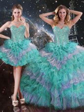 Spectacular Organza Sweetheart Sleeveless Lace Up Beading and Ruffled Layers Sweet 16 Quinceanera Dress in Multi-color