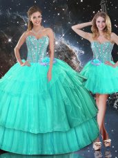 Sleeveless Organza Floor Length Lace Up Quinceanera Dress in Turquoise with Ruffled Layers and Sequins