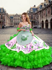 Floor Length Lace Up Sweet 16 Quinceanera Dress Green for Military Ball and Sweet 16 and Quinceanera with Embroidery and Ruffled Layers