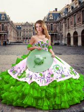Luxury Embroidery and Ruffled Layers Ball Gown Prom Dress Green Lace Up Sleeveless Floor Length