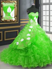 Unique Green Quinceanera Dresses Military Ball and Sweet 16 and Quinceanera with Embroidery Sweetheart Sleeveless Brush Train Lace Up