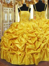 Noble Gold Ball Gowns Taffeta Spaghetti Straps Sleeveless Beading and Pick Ups Floor Length Lace Up Sweet 16 Dresses