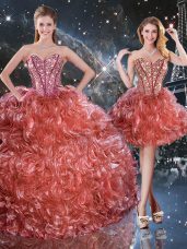 Fancy Rust Red Three Pieces Beading and Ruffles 15th Birthday Dress Lace Up Organza Sleeveless Floor Length