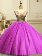 Decent Fuchsia Ball Gowns Appliques and Sequins Ball Gown Prom Dress Lace Up Tulle Sleeveless Floor Length