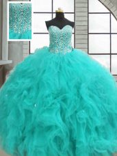Glamorous Turquoise Sleeveless Floor Length Beading and Ruffles Lace Up 15 Quinceanera Dress