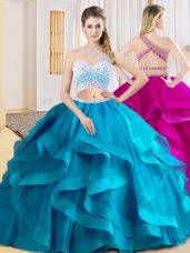 Baby Blue Tulle Criss Cross One Shoulder Sleeveless Floor Length Quinceanera Gown Beading and Ruffles