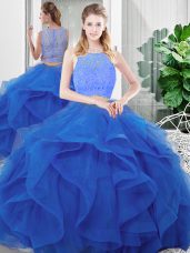 Ideal Blue Scoop Zipper Lace and Ruffles Quinceanera Gowns Sleeveless