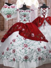 Super Taffeta Off The Shoulder Sleeveless Lace Up Embroidery and Ruffled Layers Quince Ball Gowns in White And Red
