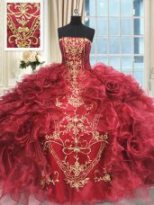 Hot Sale Floor Length Wine Red Quinceanera Dresses Strapless Sleeveless Lace Up