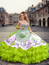 Top Selling Yellow Green Ball Gowns Organza Sweetheart Sleeveless Embroidery and Ruffled Layers Floor Length Lace Up Quinceanera Dress