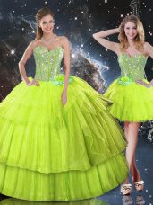 Exquisite Floor Length Lace Up Sweet 16 Dresses Yellow Green for Military Ball and Sweet 16 and Quinceanera with Ruffled Layers